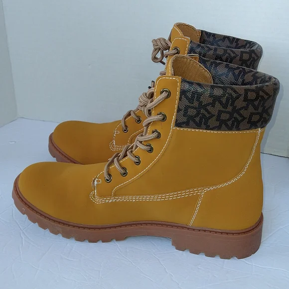 DKNY Miles Yellow Combat Moto Ankle Boots Faux Suede Lace-Up Size 8.5 - Picture 7 of 12